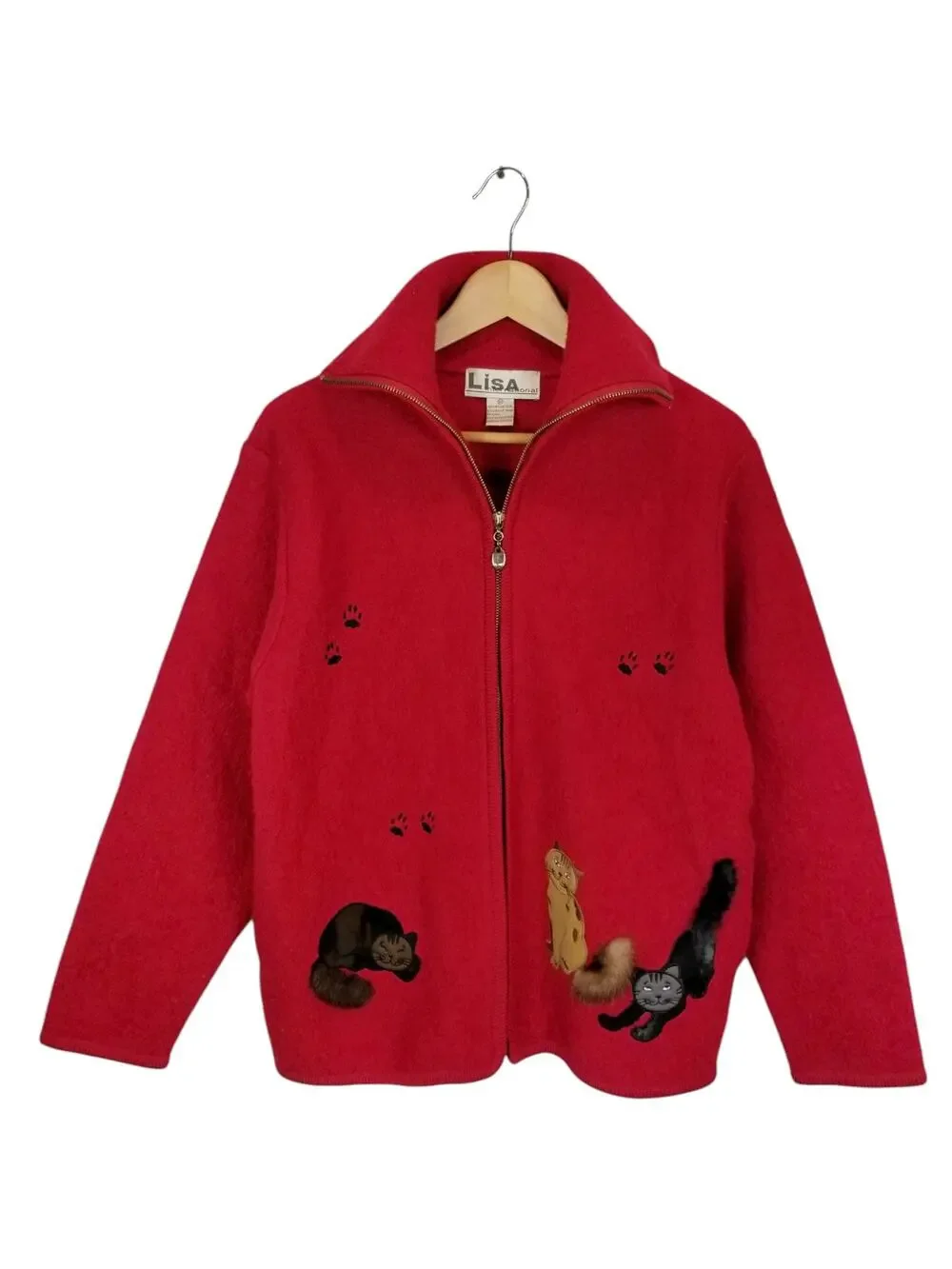 Vintage Lisa International Red Boiled Wool Cat Lady Zip Front Cardigan Medium